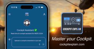Smartphone displaying Cockpit Explain AI cockpit assistant interface for Microsoft Flight Simulator 2024.