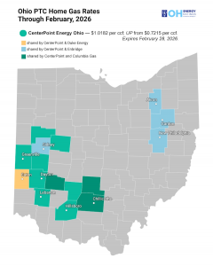Map of CenterPoint Energy Ohio's natural gas service area showing PTC home gas rate of $1.0182 per ccf through February 2026, up from $0.7215 per ccf. Service territory includes cities such as Dayton, Sidney, Greenville, Lebanon, Hillsboro, and Chillicoth