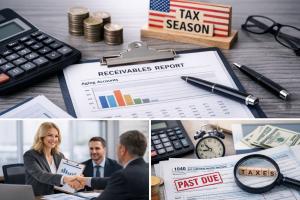 Financial documents and receivables report on a desk with calculator and tax season sign, representing businesses reviewing unpaid invoices during tax preparation.