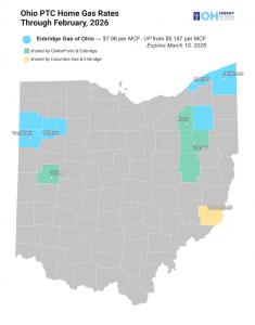 Enbridge Gas Ohio natural gas service area map showing February 2026 PTC rate of $7.96 per MCF, up 53% from $5.187, covering Akron, Canton, Mentor, and Jefferson