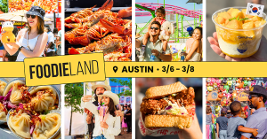 Crowds enjoying FoodieLand Austin at Circuit of the Americas with food vendors, live performances, and festival attractions during a multi-cultural outdoor food festival.