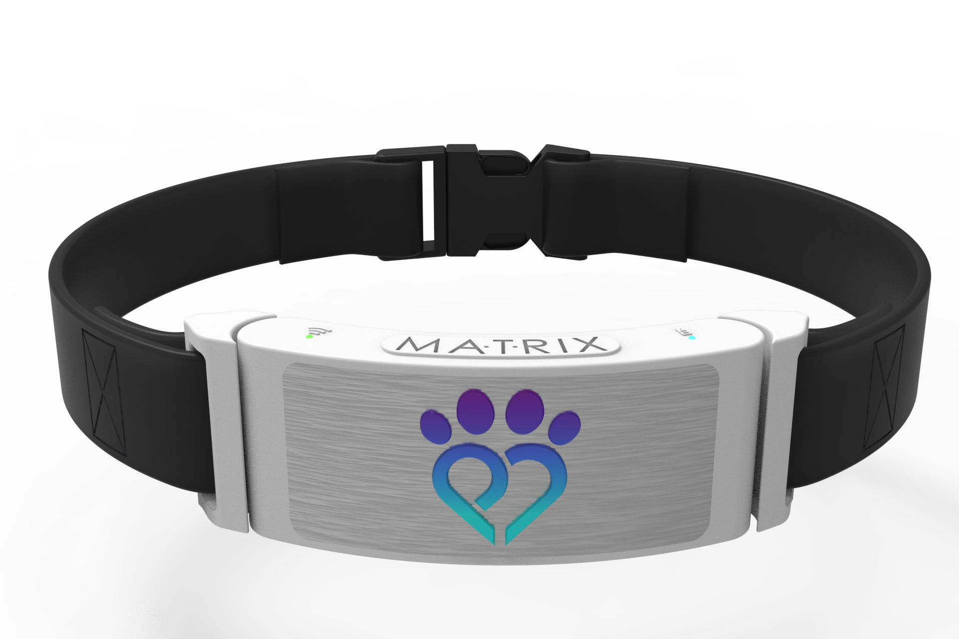 Pet Madness Matrix modular smart pet collar with adjustable strap and buckle, designed for AI health monitoring and interchangeable modules.