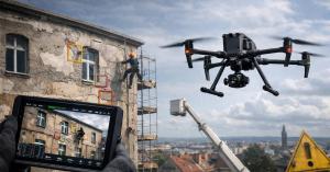 Fassadeninspektion mit Drohne an beschädigter Gebäudefassade, Live-Ansicht auf Tablet