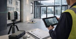 Inspektor nutzt LiDAR-Scanner und Tablet zur Fassadenanalyse, Drohne bereit für die Vor-Ort-Inspektion