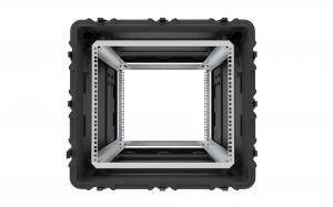 Front view of a rugged black 9U rack mount case from Peli Products, showing the empty aluminium rack frame inside against a white background.