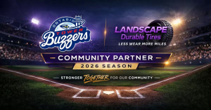 Promotional graphic showing the Ontario Tower Buzzers logo and Landscape Durable Tires logo over a baseball stadium background with the text “Community Partner – 2026 Season” and “Less Wear More Miles.”