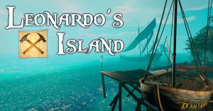 Leonardo’s Island logo over ocean background.