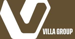 Villa Group logo on a dark gold/olive background, featuring a large stylized white "V" mark with geometric, angular design and the text "VILLA GROUP" in bold white uppercase letters in the bottom right corner.