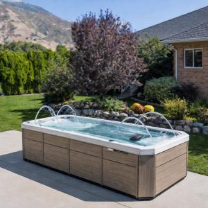 Modern rectangular swim spa with decorative water fountains in a landscaped backyard with green lawn and mountain views.