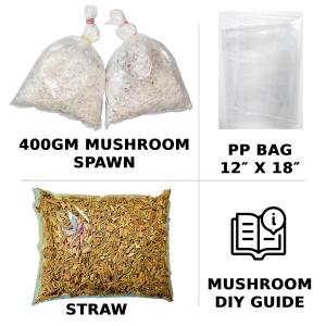 Mushroom growing kit showing 400g mushroom spawn, 12x18 inch PP bag, straw substrate, and instruction guide.