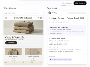 Comparison of human website view and AI structured interpretation showing product ratings, inventory status, pricing, and brand information extracted for AI citation.
