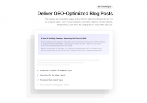 Dashboard view of GEO optimized blog post workflow showing competitor analysis, keyword gap research, structured content publishing, and AI citation optimization.