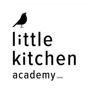 Black and white little kitchen academy logo with a small black bird and the company name