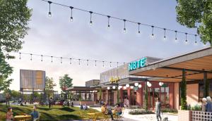A render of the Greenside building project, which shows people enjoying an outdoor dining, living, and shopping experience.