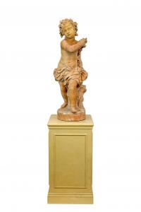 Mid-18th-century terracotta sculpture titled ‘Winter (One of the Four Seasons),’ 43 inches tall on a 34½-inch stand, depicting a child personifying Winter, clutching a bundle of sticks. Estimate: $10,000-$15,000