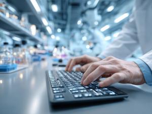 Healthcare professional typing on a computer keyboard in a medical laboratory, using a trustworthy AI system for healthcare.