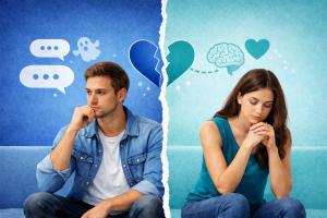 Man and woman sitting apart on a couch with a split background and heart and brain icons, symbolizing emotional disconnect and mental health struggles in dating.