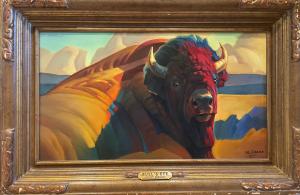 Nancy Glazier left-handed expressionist painting of a Bison donated to the National Museum of Wildlife Art