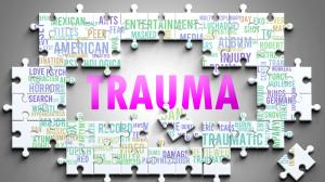 A large photo in the middle are Large Letters that spell out TRAUMA