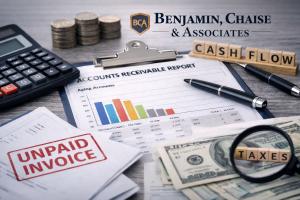 Accounts receivable report, unpaid invoice documents, and cash flow indicators with Benjamin, Chaise & Associates branding representing commercial debt recovery services.