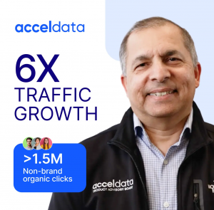 Promotional graphic featuring the Acceldata logo, text reading “6X Traffic Growth” and “>1.5M Non-brand organic clicks,” alongside a portrait of a senior male executive wearing an Acceldata jacket.