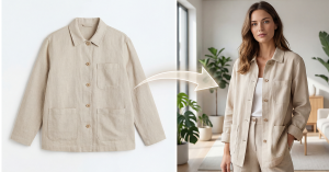 Flat lay beige jacket converted into on-model fashion photography using AI for ecommerce product images