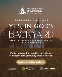 Promotional banner for the Faith-Based Housing National Summit 2026 highlighting Restoring Hope in Alexandria, VA at Mary M. Gates Learning Center.