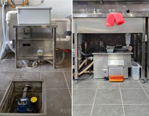 A commercial oil-water separator is installed and operating under a kitchen sink. It allows immediate installation in both new and existing stores without changing kitchen flow lines or facilities.