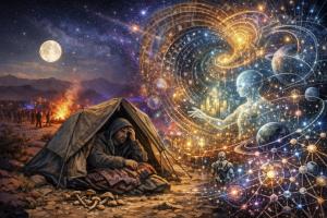 Michael E. Arth in a tent at a full-moon desert rave in the desert, "logging into" the so-called Cosmic Internet near Zzyzx, the last word in ghost towns, 1996