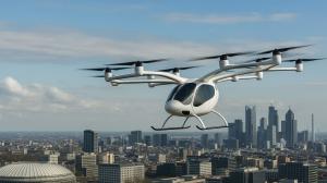 A next-generation eVTOL aircraft in flight over an urban skyline, showcasing the future of advanced air mobility.