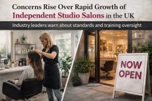 Hair stylist working with a client inside a private studio salon, alongside a newly opened small salon exterior, illustrating the expansion of independent studio businesses in the UK hairdressing sector.