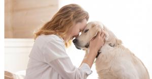 Image of woman finding comfort with her ivory golden retreiver