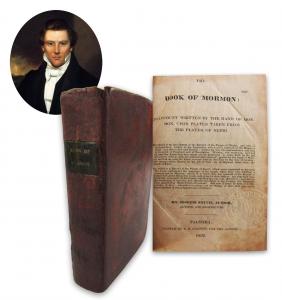 First edition copy of Joseph Smith, Jr.’s “The Book of Mormon…..” (Palmyra: Printed by E.B. Grandin, 1830), with ownership signatures on the free front endpaper. ($250,000)
