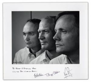 Yousuf Karsh original photographic print of all three Apollo 11 astronauts, signed by all three and dedicated to the photographer, “With the Best Wishes of Apollo 11.” Also signed by Karsh. ($30,000)
