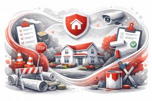 Illustration of a suburban home surrounded by symbols representing HOA rules, renovation restrictions, rising fees, surveillance cameras, and homeowner stress.