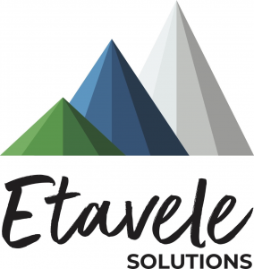The logo features three stylized mountains in varying shades of green and blue, symbolizing growth, elevation, and stability. The brand name "Etavele", is the word ‘elevate’ spelled backwards, is presented in a cursive font, conveying approachability and