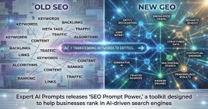 SEO Prompt Power digital toolkit graphic showing transformation from keywords to structured data.