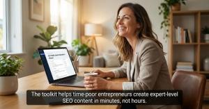 Small business owner utilizing AI prompts for SEO strategy on a laptop.