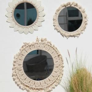 Boho Round Wall Mirrors Set: Macrame & Sunburst Designs