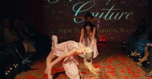 Performers in motion on a rose-petal covered runway at the Heart of Couture NYFW event.