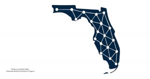 Navy Florida outline with network connections symbolizing statewide media participation.