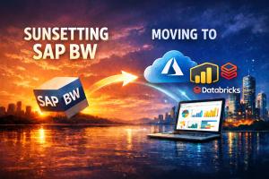“Digital illustration of SAP BW being sunset and replaced by Azure, Power BI and Databricks, highlighting enterprise data migration, analytics modernisation and cloud transformation.”