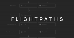 Black image with "Flightpaths" in white text across the middle in front of a diagram showing the steps of a mobile release process