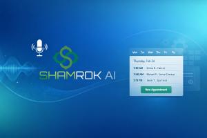 Shamrok AI logo with AI voice waveform and appointment booking interface illustrating real-time call handling and scheduling integration.