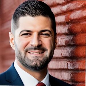 A full color headshot of a white male with a black beard smiling at the camera, dressed in a business suit while standing next to a brick wall in the daytime.