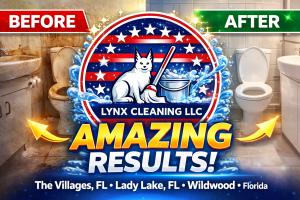 Professional cleaning transformation by Lynx Cleaning LLC featuring before and after bathroom deep cleaning in The Villages, FL with detailed residential cleaning services including toilet sanitizing, surface scrubbing, and professional home cleaning resu