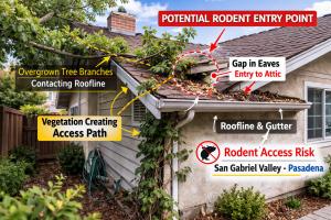 Pasadena home with tree branches touching roofline, illustrating rodent access risk in San Gabriel Valley.