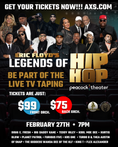 Legends of Hip Hop concert poster featuring Kool Moe Dee, KRS-One, Big Daddy Kane, Kurtis Blow, Melle Mel, Scorpio, Doug E. Fresh, Teddy Riley and more.