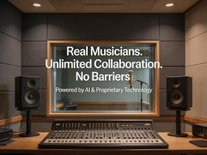 Recording studio with overlay text: “Real Musicians. Unlimited Collaboration. No Barriers. Powered by AI & Proprietary Technology.