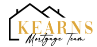 Kearns Mortgage Team logo featuring stylized roofline design and gold lettering.